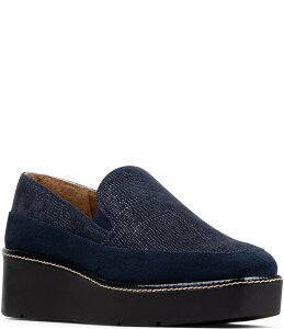 hihvl[ fB[X V[Y pvX vbgtH[ XG[h [t@[ Donald Pliner Wallis Embossed Suede Platform Wedge Loafers Navy lCr[