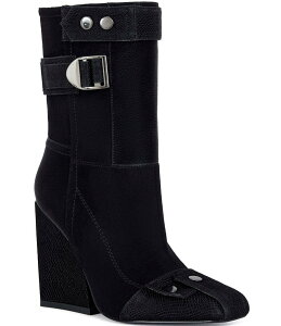 AUA  fB[X V[Y T_ vg Lbv u[c Azalea Wang Allona Embossed Lizard Print Hardware Detail Cap Toe Wedge Mid Calf Boots Black ubN