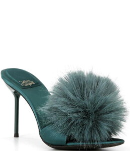 WFt[ Lx fB[X V[Y T_ Te Jeffrey Campbell Shopaholic Satin Faux Fur Pom-Pom Ornament Dress Slide Sandals Turquoise ^[RCY