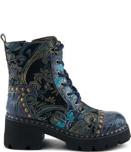yz eBXe fB[X u[cECu[c V[Y L`ARTISTE Severity Paisley Printed Suede Studded Cap Toe Faux Fur Lined Combat Boots Blue Multi