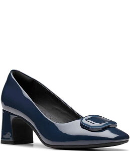 N[NX fB[X V[Y pvX U[ q[ Clarks Fernie Trim Patent Leather Ornamented Block Heel Square Toe Pumps Navy lCr[