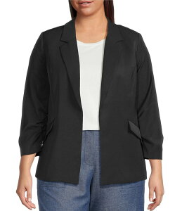 �X�J�C�Y�A�u���[ ���f�B�[�X �A�E�^�[ �R�[�g �v���X�T�C�Y �u���U�[ Skies Are Blue Plus Size Notch Lapel Shirred 3/4 Sleeve Open Front Coordinating Statement Blazer Black �u���b�N