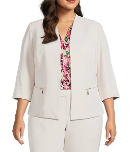 �J�X�p�[�� ���f�B�[�X �A�E�^�[ �R�[�g �N���[�v �v���X�T�C�Y �J�[�f�B�K�� Kasper Plus Size Crepe 3/4 Sleeve Zip Pocket Cardigan Parchment