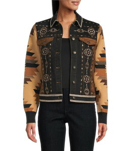 o fB[X AE^[ R[g XG[h hJ fj jbg WPbg Reba Denim Faux Suede Knit Jacquard Point Collar Long Sleeve Embroidered Button Front Jacket Black Multi ubN