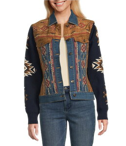o fB[X AE^[ R[g XG[h hJ fj jbg WPbg Reba Faux Suede Denim Knit Jacquard Point Collar Long Sleeve Embroidered Button Front Jacket Multi Print }`J[