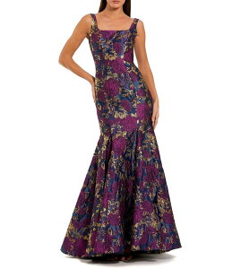 �}�b�N�_�K�� ���f�B�[�X �g�b�v�X �����s�[�X �t�����[�� �m�[�X���[�u �t�����[ Mac Duggal Square Neck Sleeveless Floral Brocade Mermaid Gown Navy/Purple Multi �l�C�r�[