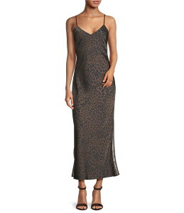 �W�����r�j ���f�B�[�X �g�b�v�X �����s�[�X V�l�b�N �v�����g �T�e�� �m�[�X���[�u Gianni Bini Haven Satin Leopard Print V-Neck Sleeveless Full Length Slip Dress Dark Leopard �A�j�}��