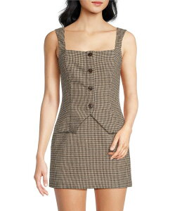 �t�����`�R�l�N�V���� ���f�B�[�X �g�b�v�X �V���c �E�[�� �m�[�X���[�u French Connection Houndstooth Wool Blend Square Neck Sleeveless Button Front Coordinating Top Brown Multi �u���E��