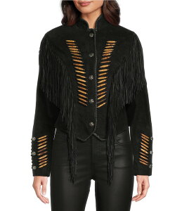XJ[[ fB[X AE^[ R[g XG[h tW WPbg Scully Suede Fringe Round Neck Long Sleeve Jacket Black ubN