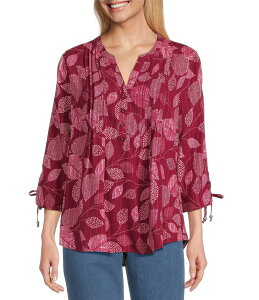 A\ fC[ fB[X gbvX Vc v` vg uEX Allison Daley Petite Leaf Print 3/4 Tie Sleeve Y-Neck Button Front Blouse Rhubarb Leaf Dot