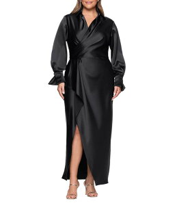�G�X�P�[�v ���f�B�[�X �g�b�v�X �����s�[�X �v���X�T�C�Y �T�e�� Xscape Plus Size Satin Long Sleeve Faux Wrap Gown Black �u���b�N