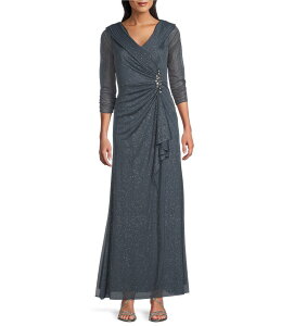 �A���b�N�X�C�u�j���O�X ���f�B�[�X �g�b�v�X �����s�[�X �M���U�[ ���b�V�� Alex Evenings Glitter Mesh Embellished Ruched Waist 3/4 Sleeve Gown Smoke �X���[�N