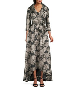 �A���b�N�X�C�u�j���O�X ���f�B�[�X �g�b�v�X �����s�[�X �v�����g Alex Evenings Portrait Collar Jacquard Printed 3/4 Sleeve High Low Hem Gown Black/Taupe �u���b�N