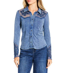 ���o ���f�B�[�X �g�b�v�X �V���c �h�J Reba Anissa Point Collar Long Sleeve Embroidered Button Front Top Navy �l�C�r�[