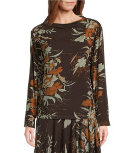 �u���C�� �E�H�[�J�[ ���f�B�[�X �g�b�v�X �V���c �h���[�v �v�����g �W���[�W�[ Bryn Walker Belen Fiori Print Viscose Jersey Drape Neck Long Sleeve Shirt Thyme