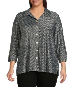 �A�� �}�C���X ���f�B�[�X �g�b�v�X �V���c �v���X�T�C�Y �v�����g �j�b�g Ali Miles Ali Mile Plus Size Yarn-Dye Knit Abstract Print Point Collar 3/4 Cuff Sleeve Button Front Tunic Black/White �z���C�g