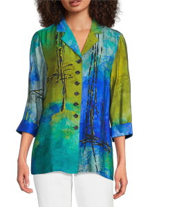 �A�� �}�C���X ���f�B�[�X �g�b�v�X �V���c �v�����g Ali Miles Woven Color Block Print Point Collar 3/4 Sleeve Button Front Tunic Blue Multi �u���[