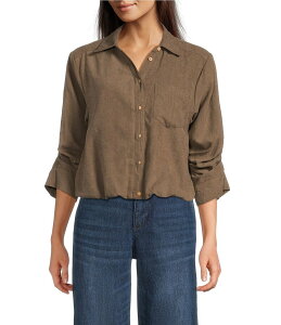 fNV[ fB[X gbvX Vc XG[h Democracy Woven Suede Point Collar 3/4 Tucked Sleeve Bubble Hem Button Front Shirt Moonrock