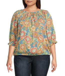 �f���N���V�[ ���f�B�[�X �g�b�v�X �V���c �v���X�T�C�Y �v�����g �V���[�����O Democracy Plus Size Woven Novelty Print Scoop Neck Elbow Blouson Sleeve Smocked Bubble Hem Top Nile Blue Multi �u���[