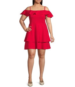 �r�[�_�[���� ���f�B�[�X �g�b�v�X �����s�[�X �v���X�T�C�Y �t���� B. Darlin Plus Size Off The Shoulder Ruffle Double Hem Dress Deep Red ���b�h