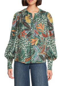 �M�u�\���A���h���e�B�}�[ ���f�B�[�X �g�b�v�X �V���c �o���[���X���[�u �v�����g �T�e�� �u���E�X Gibson & Latimer Moonshadow Satin Leaf Print Split Round Neck Long Balloon Sleeve Blouse Leaf