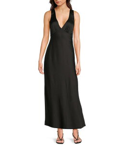 �~�b�h�i�C�g �h�[�� ���f�B�[�X �g�b�v�X �����s�[�X V�l�b�N �h���[�v �T�e�� �m�[�X���[�u Midnight Doll Satin V-Neck Sleeveless Back Drape Dress Black �u���b�N