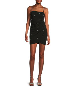�~�b�h�i�C�g �h�[�� ���f�B�[�X �g�b�v�X �����s�[�X �N���[�v �~�j�����s�[�X �~�j Midnight Doll Crepe Rhinestone Square Neck Spaghetti Strap Faux Wrap Mini Dress Black �u���b�N