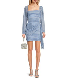 �W�����v ���f�B�[�X �g�b�v�X �����s�[�X �h���[�v �M���U�[ Jump Long Sleeve Square Neck Ruched Drape Detail Dress Light Blue �u���[