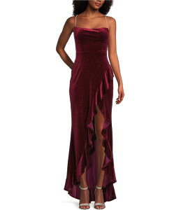 �~�b�h�i�C�g �h�[�� ���f�B�[�X �g�b�v�X �����s�[�X �t���� �x���x�b�g Midnight Doll Spaghetti Strap Glitter Velvet Rhinestone Ruffle Detail Dress Wine ���C��