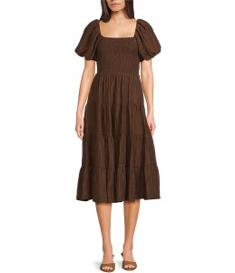 �~�b�h�i�C�g �h�[�� ���f�B�[�X �g�b�v�X �����s�[�X �V���[�����O Midnight Doll Crinkle Woven Square Neck Short Puff Sleeve Smocked Bodice Dress Chocolate �`���R���[�g