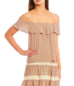 I.N.TtVXR fB[X gbvX Vc t[ t uEX t[ I.N. San Francisco Coordinating Floral Medallion Off-The-Shoulder Ruffle Popover Blouse Orange Floral Medallion IW