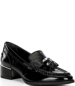 �h�i���h�v���l�[�� ���f�B�[�X �V���[�Y �q�[�� ���U�[ ���[�t�@�[ Donald Pliner Mirabel Patent Leather Tassel Block Heel Loafer Pumps Black �u���b�N