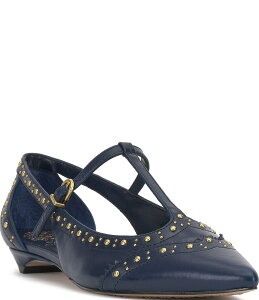 ���B���X�J���[�g ���f�B�[�X �V���[�Y �p���v�X ���U�[ Vince Camuto Valkie Studded Leather T-Strap Pointed Toe Flats Deep Navy �l�C�r�[