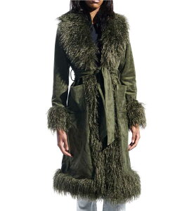 �A�U���A ���� ���f�B�[�X �A�E�^�[ �R�[�g Azalea Wang Gilda Olive Faux Sherpa Collared Belted Oversize Trench Coat Dark Green �O���[��