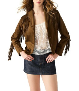 XeB[u }f fB[X AE^[ R[g XG[h tW WPbg Steve Madden Dallas Collared Long Sleeve Fringe Faux Suede Jacket Chestnut