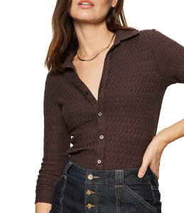 �T���N�`���A���[ ���f�B�[�X �g�b�v�X �V���c �j�b�g Sanctuary Dream Girl Textured Knit Spread Collar Long Sleeve Button Front Top Semi Sweet
