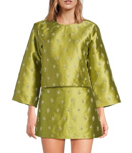 �`�F���V�[�A���h�o�C�I���b�g ���f�B�[�X �g�b�v�X �V���c �h�J �u���E�X Chelsea & Violet Clover Crew Neckline Bracelet Sleeve Embroidered Coordinating Blouse Light Green �O���[��