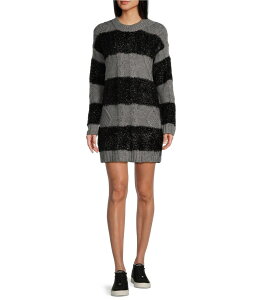 �~�b�h�i�C�g �h�[�� ���f�B�[�X �g�b�v�X �����s�[�X �Z�[�^�[ �j�b�g Midnight Doll Long Sleeve Cable Knit Stripe Sweater Dress Grey/Black �u���b�N
