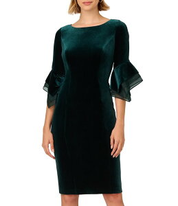 �A�h���A�i �p�y�� ���f�B�[�X �g�b�v�X �����s�[�X �e�B�A�[�h �x���x�b�g Adrianna Papell Stretch Velvet Boat Neck 3/4 Tiered Bell Sleeve Sheath Dress Hunter