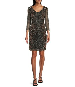 �s�T�b���i�C�c ���f�B�[�X �g�b�v�X �����s�[�X V�l�b�N �t�����[�� �t�����[ Pisarro Nights V-Neck Floral Beaded 3/4 Sleeve Dress Black/Copper �u���b�N