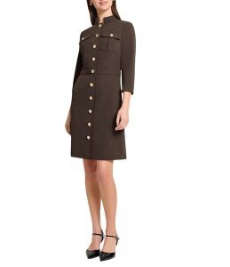 �~���E�H�� ���f�B�[�X �g�b�v�X �V���c �N���[�v Ming Wang Stretch Deco Crepe Utility Stand Collar 3/4 Sleeve Button Front Dress Dark Umber