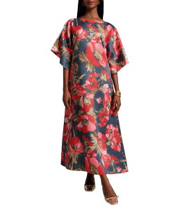 �t�����Z�X�o�����^�C�� ���f�B�[�X �g�b�v�X �����s�[�X �}�L�V�����s�[�X �V���N �}�L�V FRANCES VALENTINE Spinnaker Paradise Poppy Silk Scoop Neck 3/4 Sleeve Flowy Maxi Dress Blue/Red/Multi �u���[