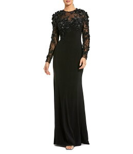 �}�b�N�_�K�� ���f�B�[�X �g�b�v�X �����s�[�X �t�����[�� �W���[�W�[ �t�����[ Mac Duggal Jersey Long Sleeve Fitted Floral Beading Gown Black �u���b�N