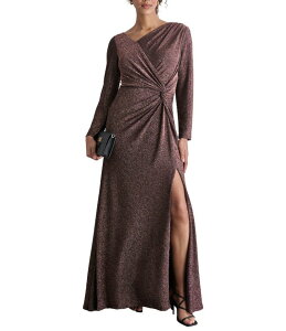 �_�i�L������ ���f�B�[�X �g�b�v�X �����s�[�X �A�V�����g���[ �g�[�� �j�b�g DKNY by Donna Karan Metallic Knit Asymmetrical Surplice Neck Long Sleeve Side Knot Evening Gown Black/Copper �u���b�N