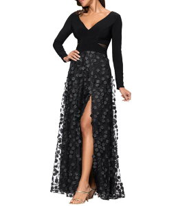 �G�X�P�[�v ���f�B�[�X �g�b�v�X �����s�[�X V�l�b�N �v�` �X�J�[�g �j�b�g �W���[�W�[ Xscape Petite Size Jersey Knit Long Sleeve V-Neck Top 3D Flower Skirt Gown Black �u���b�N