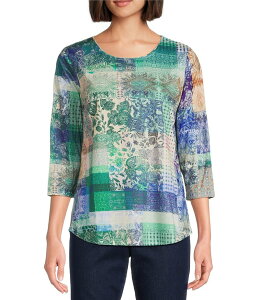 �A���\�� �f�C���[ ���f�B�[�X �g�b�v�X �V���c �N���[�l�b�N �v�` �v�����g �j�b�g Allison Daley Petite Size Embellished Deep Forest Flowering Plaid Print 3/4 Sleeve Crew Neck Knit Top Deep Forest Flower Plaid �t�H���X�g