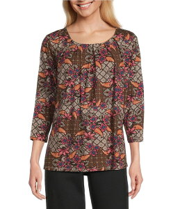 Cg fB[X gbvX Vc t[ v` v[c vg TVc jbg W[W[ t[ Intro Petite Size Knit Jersey Beaujolais Floral Batik Print 3/4 Sleeve Pleated Neck Tee Beaujolais