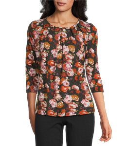 Cg fB[X gbvX Vc v` v[c vg TVc jbg W[W[ Intro Petite Size Knit Jersey Fudge Rose Print 3/4 Sleeve Pleated Neck Tee Fudge