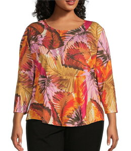 A\ fC[ fB[X gbvX Vc N[lbN vXTCY vg MU[ jbg Allison Daley Plus Size Burnt Ochre Leafy Toss Print Embellished 3/4 Ruched Sleeve Crew Neck Knit Top Burnt Ochre Lea