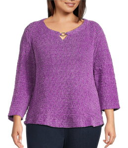 �A���\�� �f�C���[ ���f�B�[�X �g�b�v�X �V���c �v���X�T�C�Y �g�[�� �j�b�g Allison Daley Plus Size Metallic Chenille 3/4 Sleeve O-Ring Keyhole Knit Top Dewberry Multi �}���`�J���[
